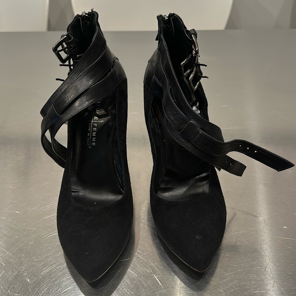 Black Suede high heels with leather ankle straps, size 38.5